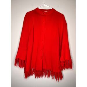 1970s Handmade Acrylic Bright Red Christmas Fringe Boxy Boho Gypsy Cardigan XL